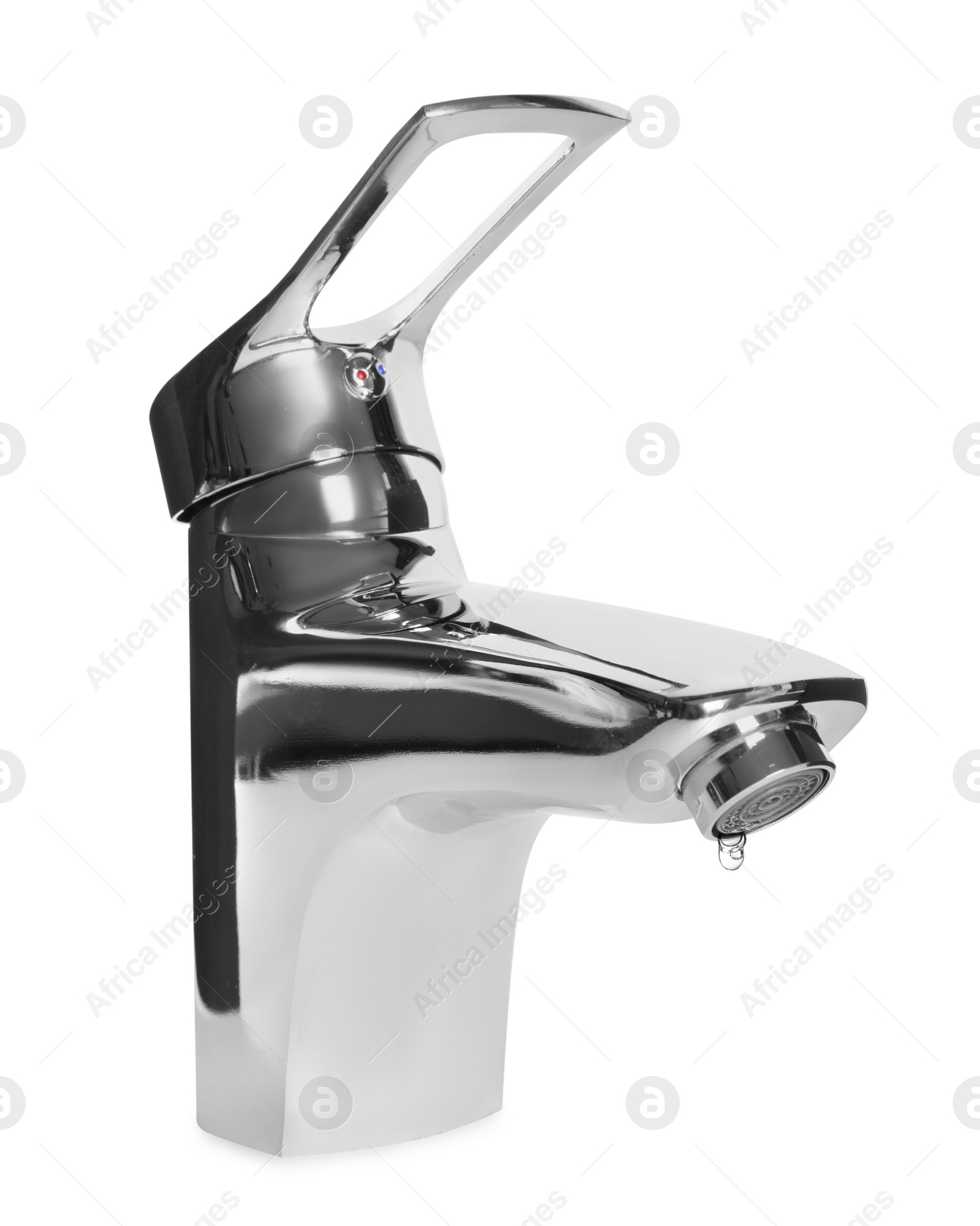 Image of Water drop flowing from tap on white background