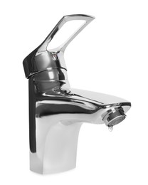 Water drop flowing from tap on white background