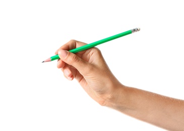 Photo of Young woman holding pencil on white background, closeup