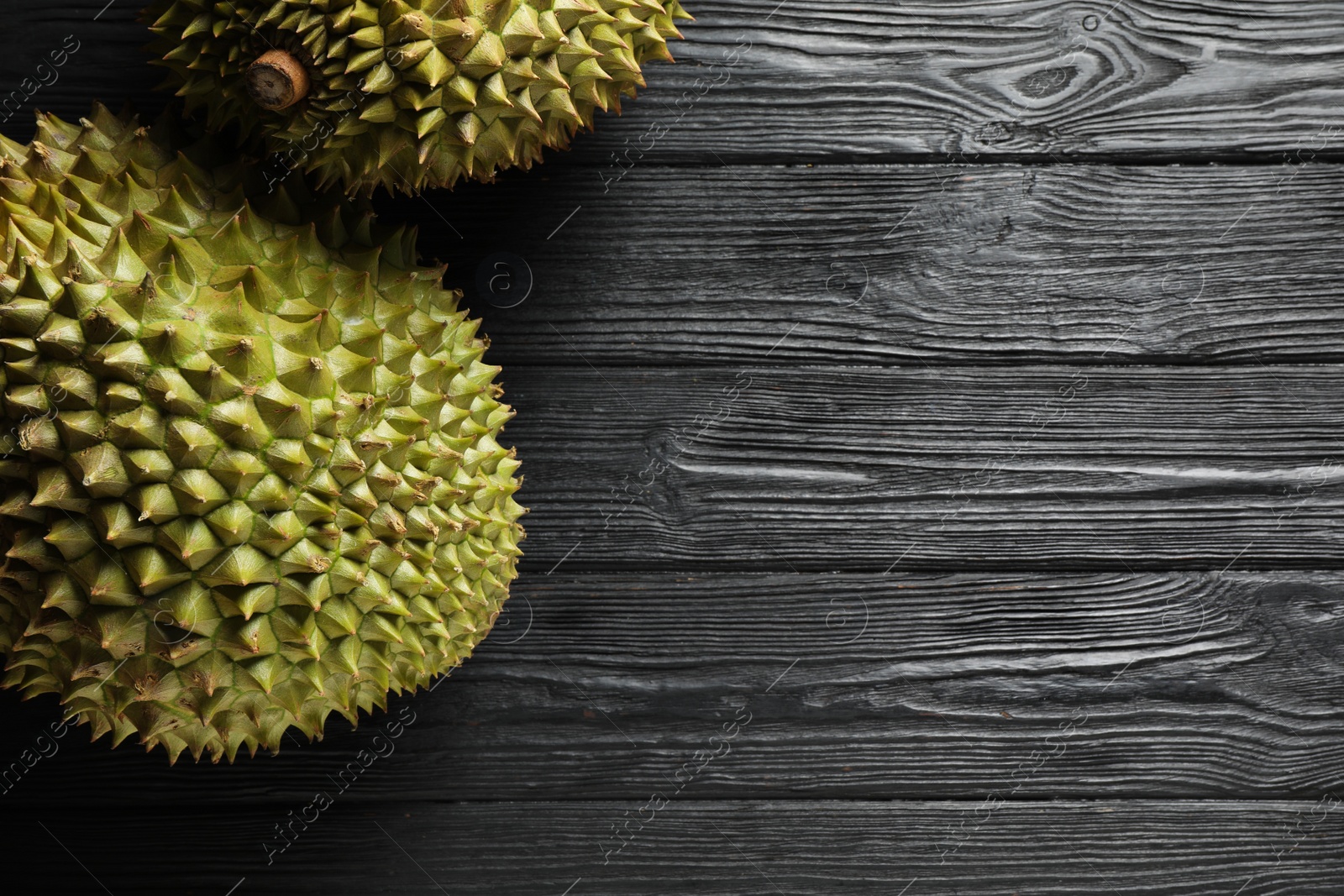 Photo of Ripe durians on black wooden table, flat lay. Space for text