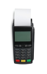 Photo of Payment terminal with thermal paper for receipt isolated on white, top view