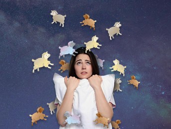 Image of Woman with pillow suffering from insomnia. Illustrations of colorful sheep around her against night sky