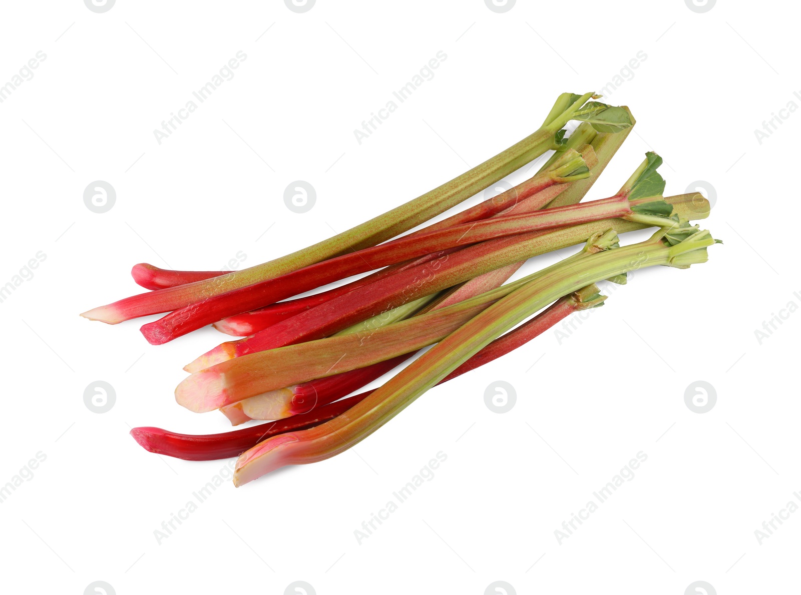 Photo of Stalks of fresh rhubarb isolated on white, top view