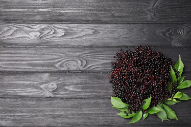 Photo of Ripe elderberries with green leaves on black wooden table, flat lay. Space for text
