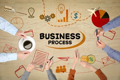 Discussing business process. People and different illustrations on wooden background, top view