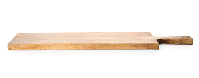 Photo of Empty clean wooden board isolated on white