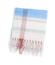 Photo of One beautiful checkered scarf on white background, top view