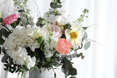 Photo of Bouquet of beautiful flowers on white background, closeup