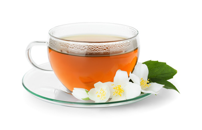 Photo of Cup of tea and fresh jasmine flowers isolated on white