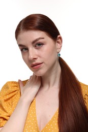 Photo of Portrait of beautiful woman on white background