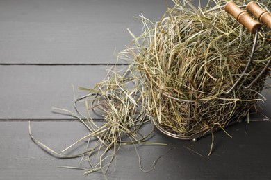 Photo of Dried hay in metal basket on grey wooden table, closeup. Space for text