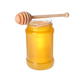 Photo of Tasty natural honey in glass jar and dipper isolated on white