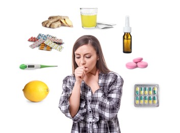 Image of SIck woman surrounded by different drugs and products for illness treatment on white background