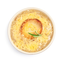 Photo of Tasty homemade french onion soup isolated on white, top view