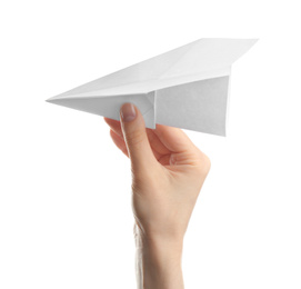 Photo of Woman holding paper plane on white background, closeup