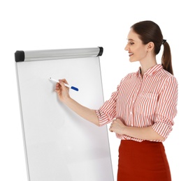 Photo of Professional business trainer near flip chart board on white background