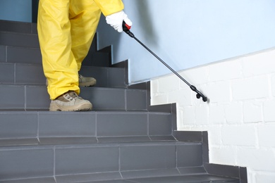 Photo of Pest control worker spraying pesticide on stairs indoors, closeup