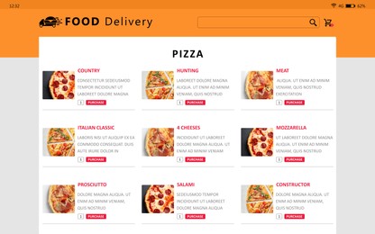 Image of Food delivery app. Display with appetizing menu
