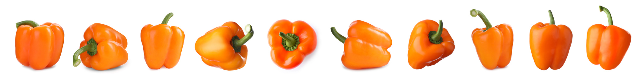 Image of Set of ripe orange bell peppers on white background. Banner design