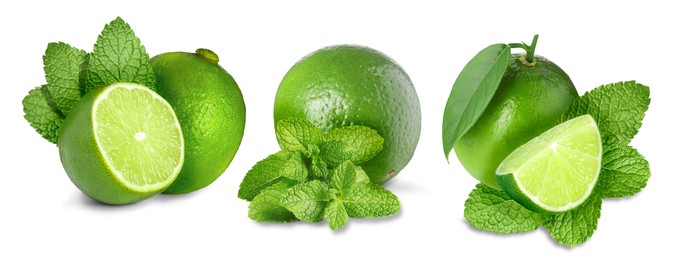Image of Fresh ripe limes and green mint leaves isolated on white, set