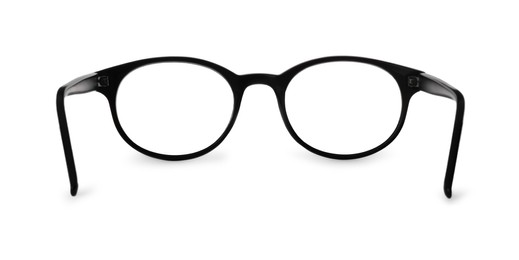 Photo of Stylish pair of glasses with black frame isolated on white