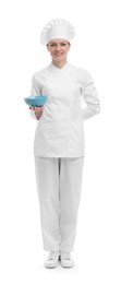 Photo of Happy woman chef in uniform holding bowl on white background