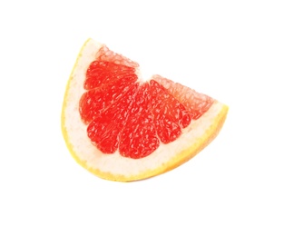 Photo of Slice of ripe juicy grapefruit on white background