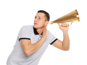 Photo of Young man with megaphone on white background