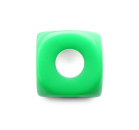 Photo of One green game dice isolated on white, top view