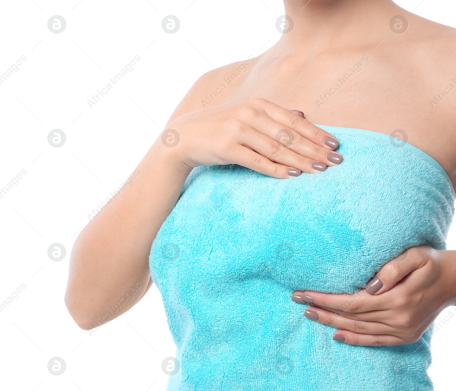 Photo of Woman checking her breast on white background, closeup