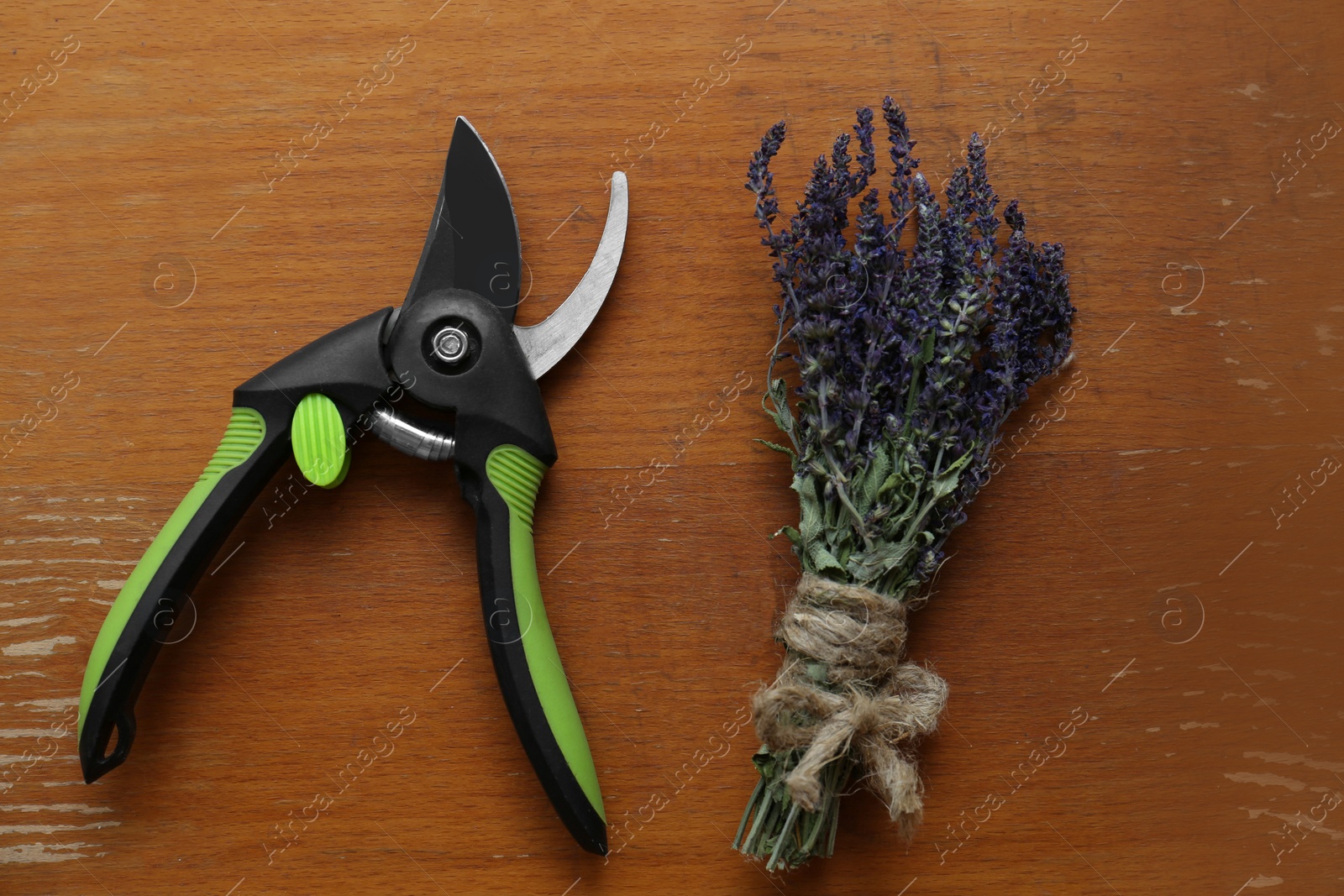 Photo of Secateur and beautiful lavender on wooden table, flat lay