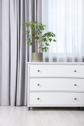 Photo of Stylish white chest of drawers and houseplant in room. Interior design