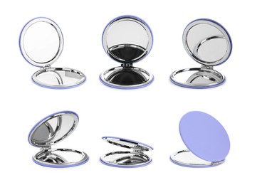 Image of Set with stylish cosmetic pocket mirrors on white background