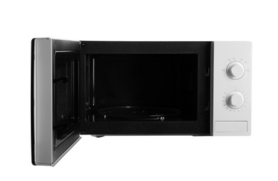 Open modern microwave oven on white background. Kitchen appliance