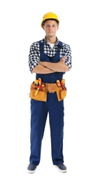 Photo of Electrician with tools wearing uniform on white background