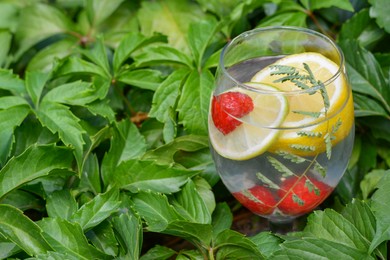 Photo of Delicious refreshing lemonade with raspberries surrounded by green leaves outdoors, closeup. Space for text
