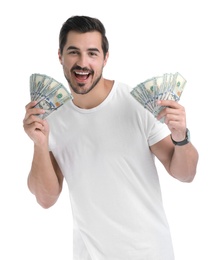 Photo of Handsome young man with dollars on white background