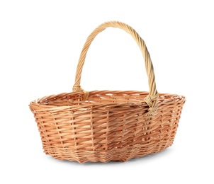 Photo of Wicker basket with handle isolated on white