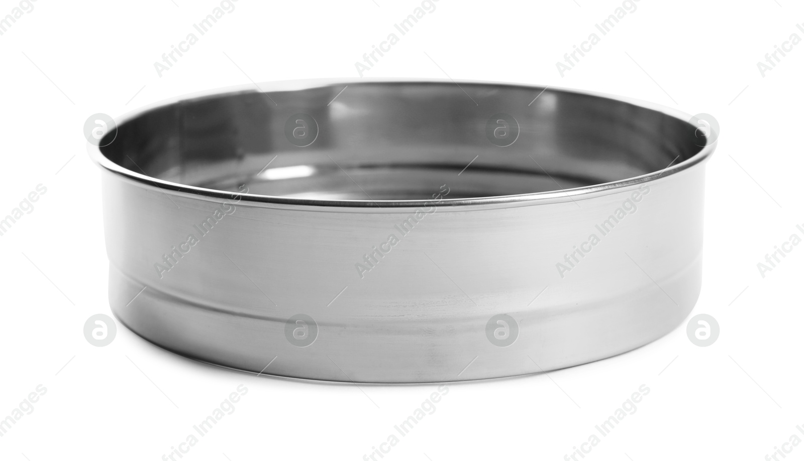 Photo of One metal sieve isolated on white. Kitchen utensil