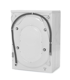 Modern washing machine isolated on white, back view. Laundry day