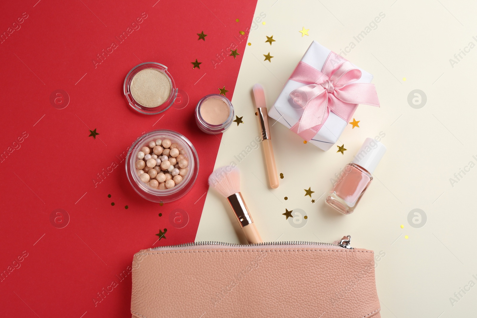 Photo of Flat lay composition with decorative cosmetic products on color background. Winter care