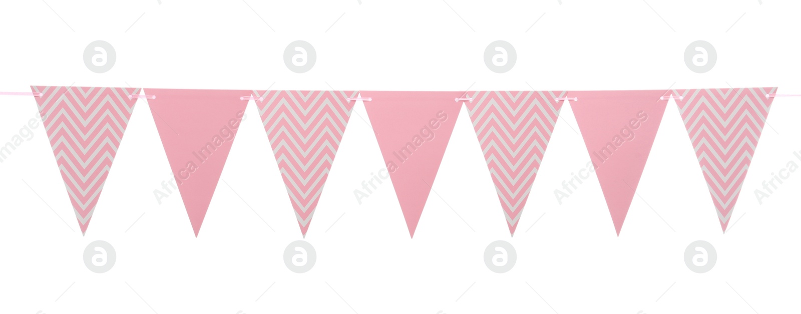 Photo of Triangular bunting flags on white background. Festive decor