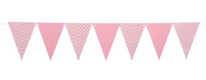 Photo of Triangular bunting flags on white background. Festive decor