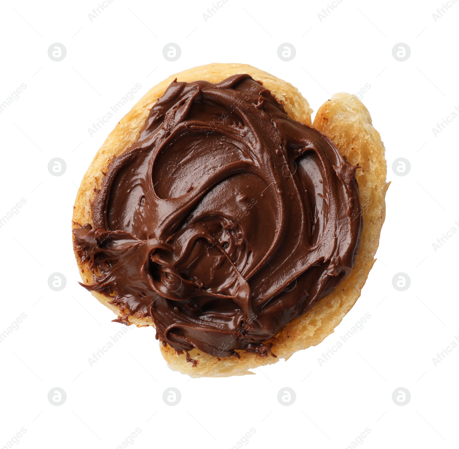 Photo of Piece of toasted bread with chocolate paste isolated on white