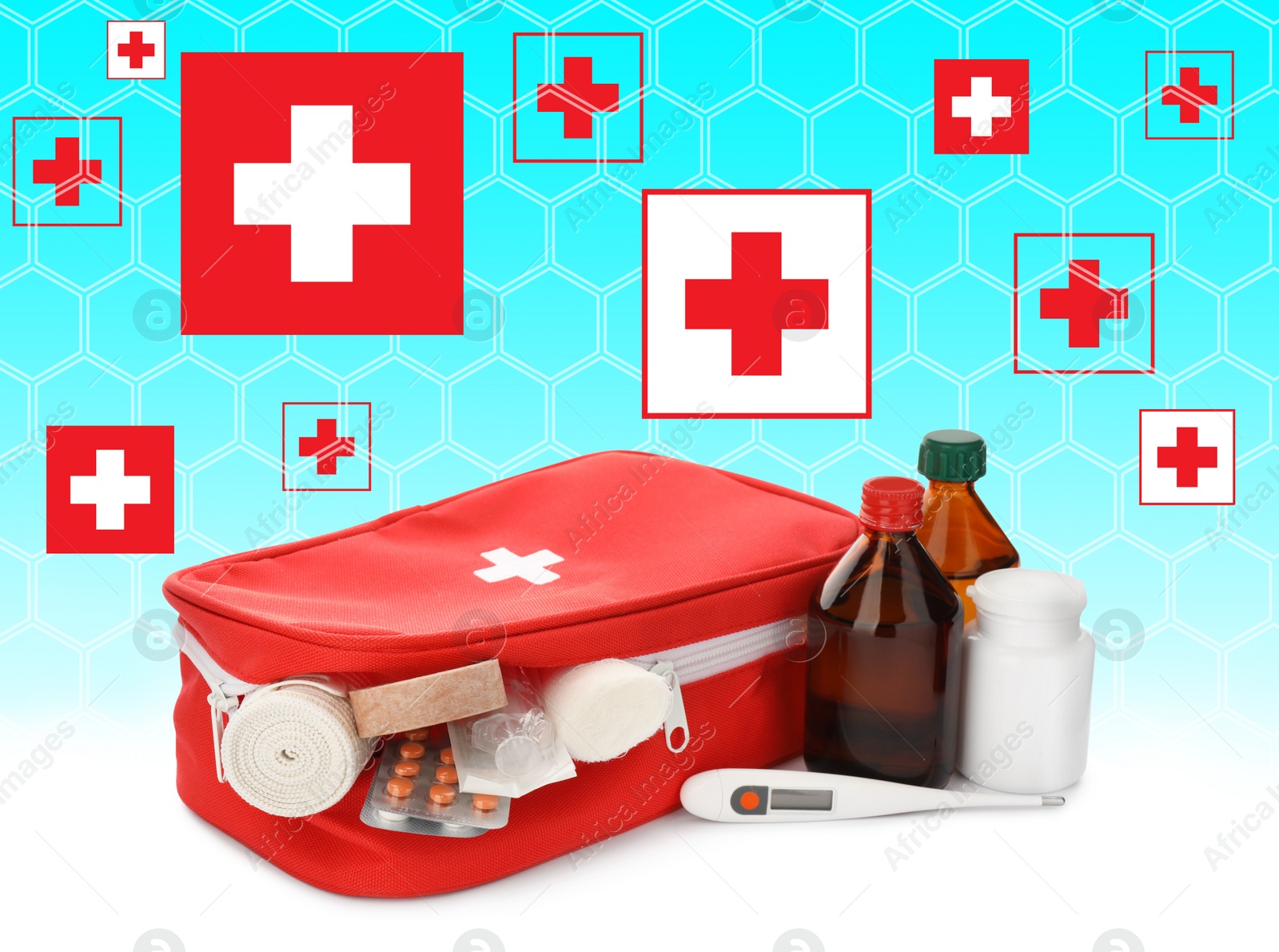 Image of First aid kit and illustrations of cross symbols on light blue background
