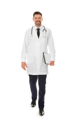 Full length portrait of male doctor with clipboard isolated on white. Medical staff