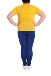 Overweight woman on white background, closeup. Weight loss