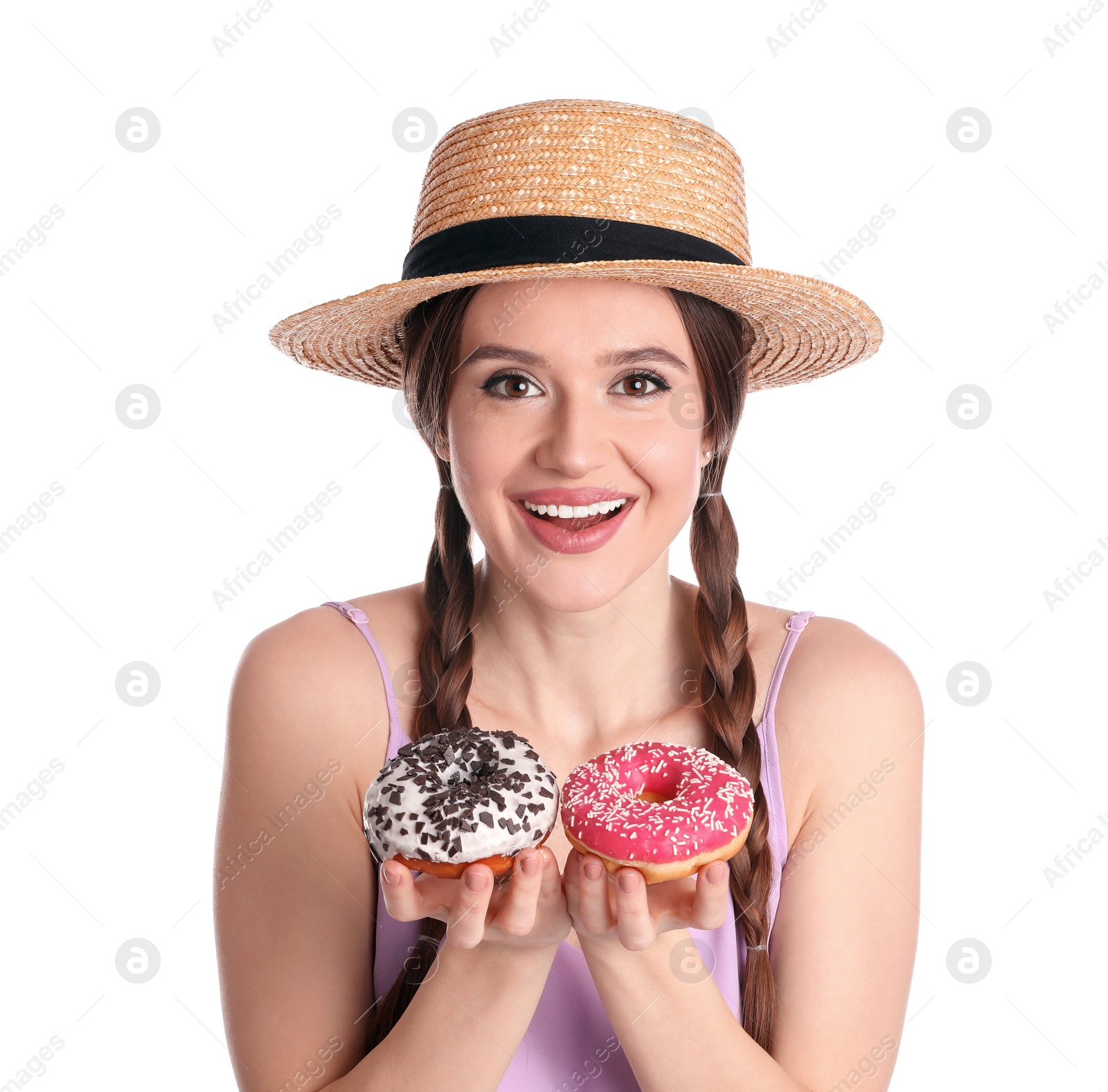 Photo of Beautiful young woman wearing stylish hat with donuts on white background