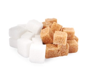 Photo of Different refined sugar cubes on white background