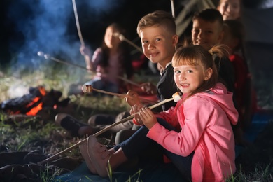 Photo of Children with marshmallows near bonfire at night. Summer camp